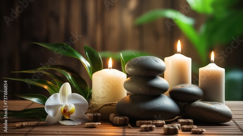 A Spa and health care services Decorated with candles  spa stones and salt on a wooden background. White towels with bamboo sticks and candles for relaxing spa massages and body treatments.