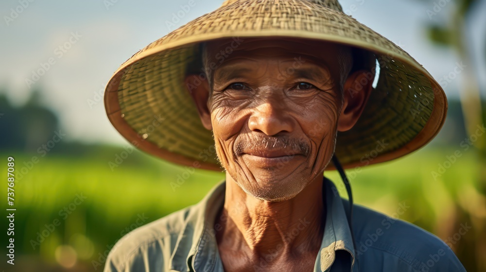A farmer wearing a wicker hat outdoors, daylight, flash light, farmer's skin details, green rice field background.
