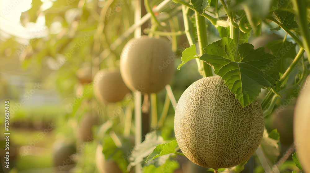 Golden cantaloupe melons ripening in the sun on a sustainable farm, symbolizing organic agriculture.
Golden cantaloupe melons ripening in the sun on a sustainable farm, symbolizing organic agriculture.