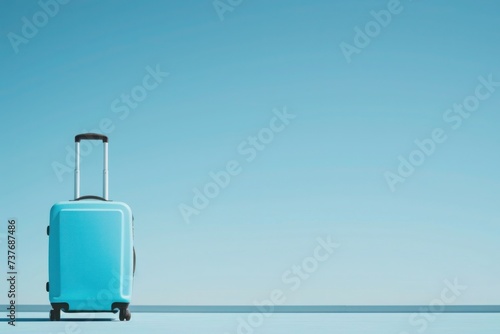 a blue suitcase is sitting on a blue surface against a blue sky