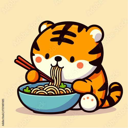 Cute baby tiger eating ramen noodles. Cartoon character mascot for children book, sticker, doodle. Tiger mascot template eating noodles. 