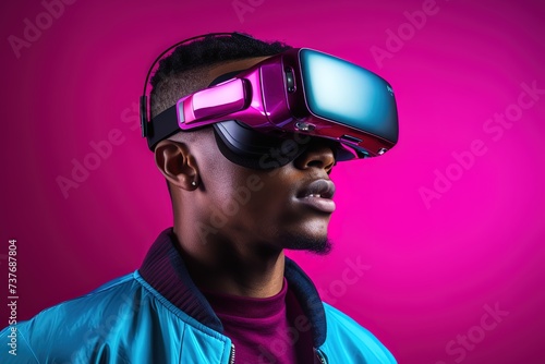 Young man using virtual reality headset. VR, future, gadgets, technology concept © candra