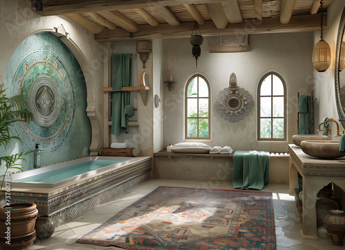 Moroccan bathroom with traditional Arabic style scene.