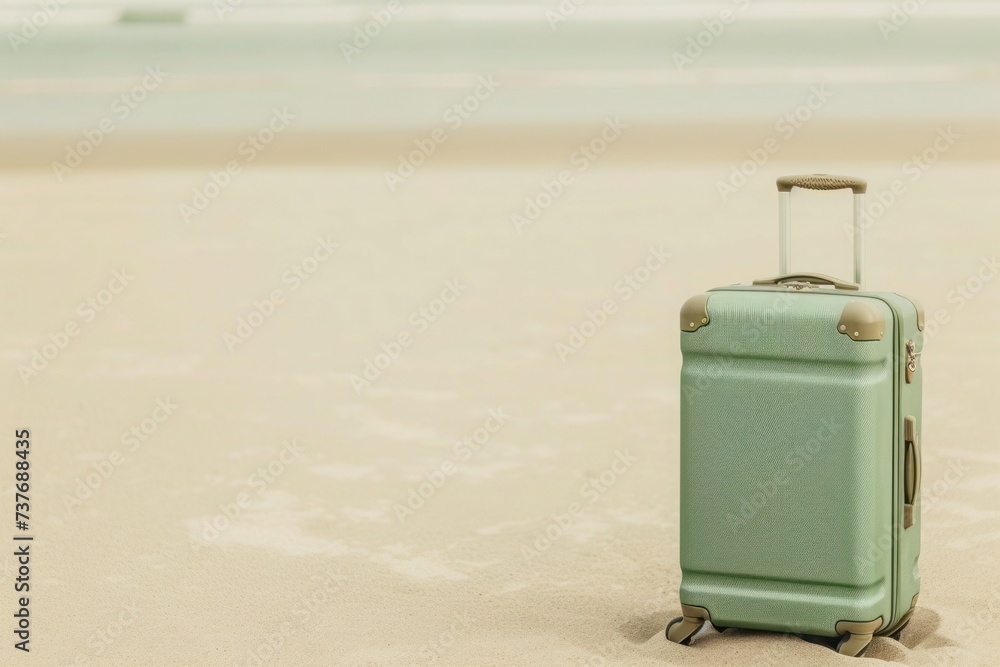 a green suitcase is sitting on top of a sandy beach a green suitcase is sitting on top of a sandy beach