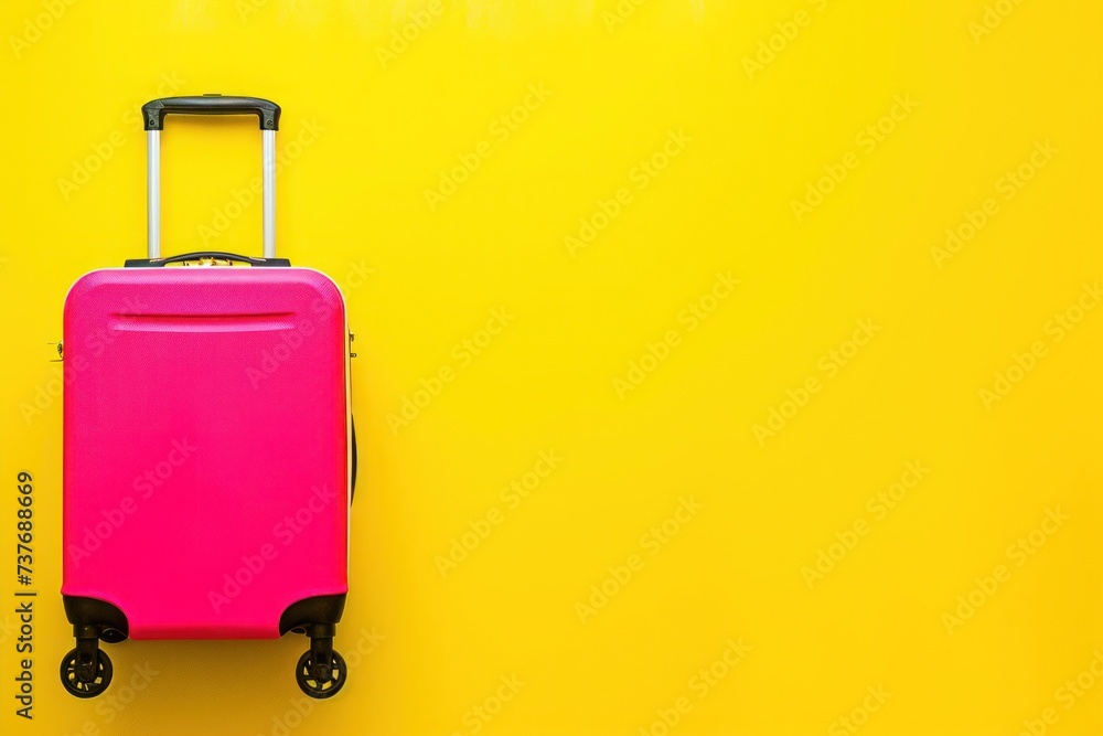 a pink suitcase is sitting on a yellow background a pink suitcase is sitting on a yellow background