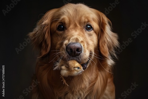The golden retriever acted extremely shocked when his owner saw him. while he was holding a chick in his mouth © 2D_Jungle