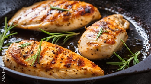 Grilled chicken breast with rosemary and garlic in a frying pan