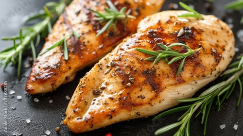 Grilled chicken fillet with rosemary and spices on black background