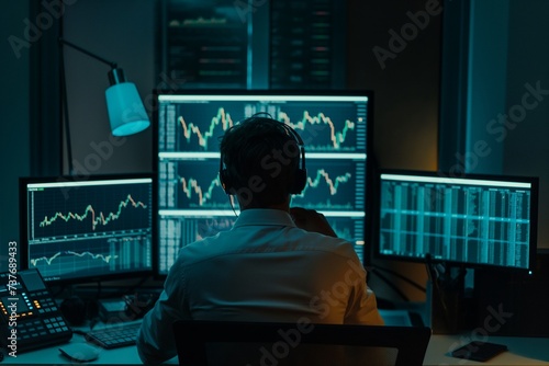 the person working on a laptop and analyzing forex and business chart patterns on the screen photo