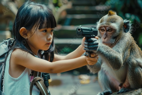 A school girl holding a toy gun aims at a monkey to protect herself from the monkey taking her snacks. photo
