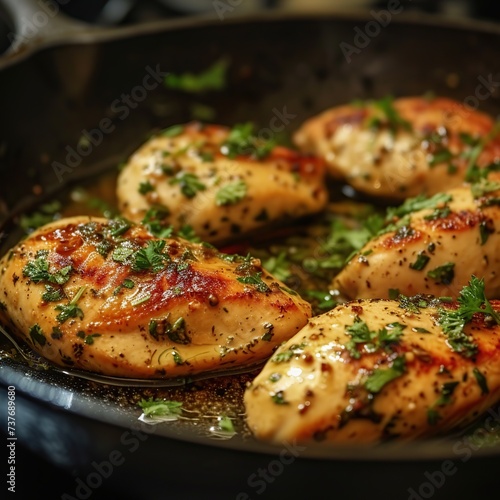 Grilled chicken breasts with parsley on a frying pan
