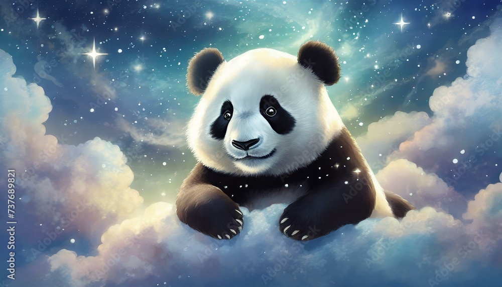 Panda floating among fluffy clouds in a dreamlike sky, with stars twinkling in the background and a sense of whimsy and magic in the air Panda floating among fluffy clouds in a dreamlike sky, with stars twinkling in the background and a sense of whimsy and magic in the air