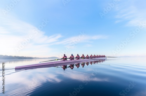 Group of Rowers on Long Boat in the Water photo