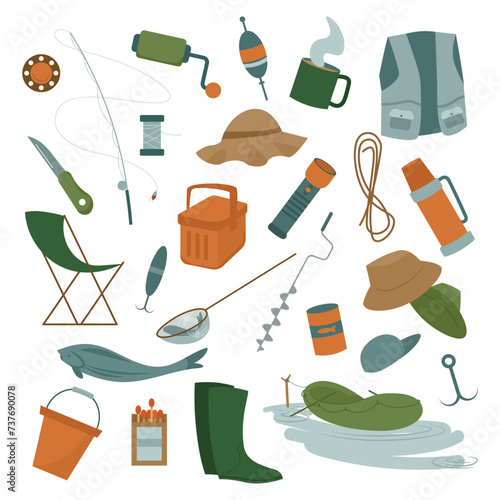Different equipment and tools for fishing. Vector illustration set. Fishing rod, float, inflatable rubber boat, landing net, fishers clothes. Outdoor activity, summer recreation, hobby concept