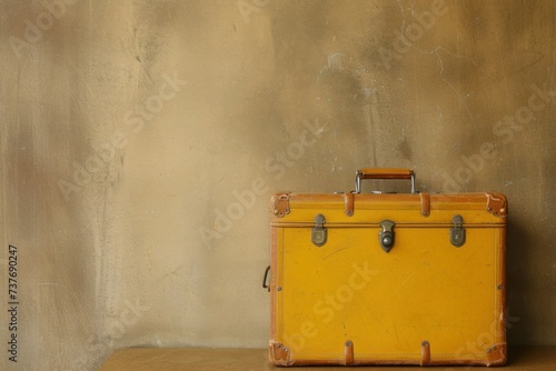 a yellow suitcase is sitting on a wooden table in front of a wall