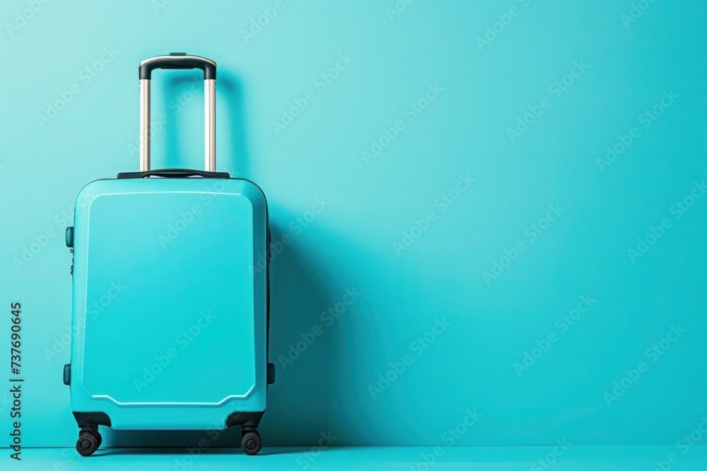a blue suitcase is sitting in front of a blue wall a blue suitcase is sitting in front of a blue wall