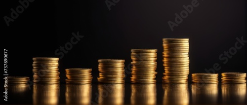 Golden coins stacked on black background