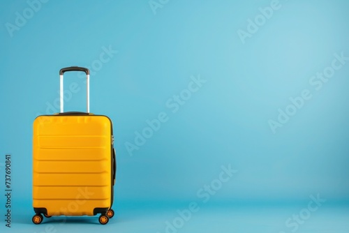 a yellow suitcase is sitting on a blue background