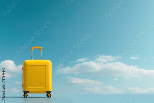 a yellow suitcase is standing in front of a blue sky