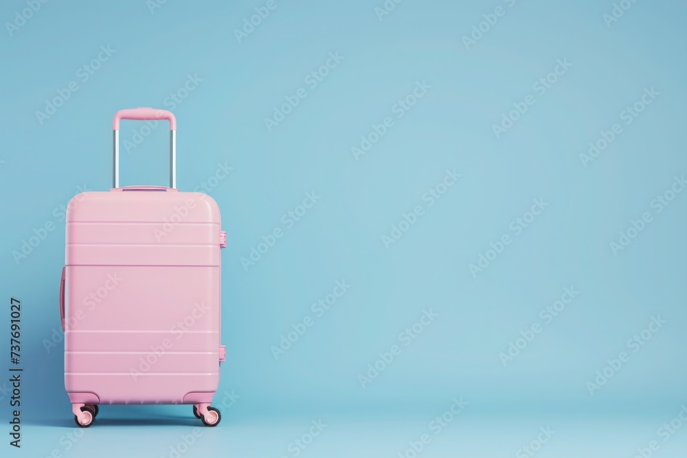 A magenta rectangle rolling suitcase on electric blue background A magenta rectangle rolling suitcase on electric blue background
