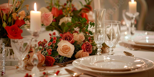 Exquisite setting of the festive table with gold appliances and flowers