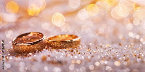Wedding rings on a sparkling background and bokeh
