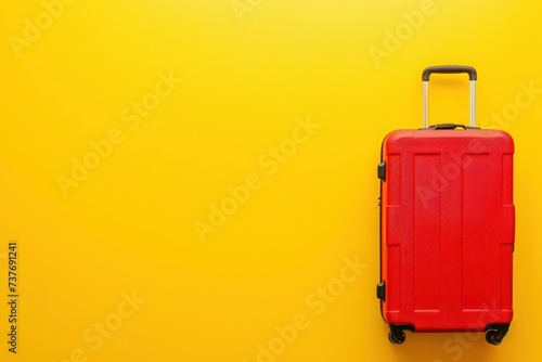 Red suitcase contrasts with electric blue background