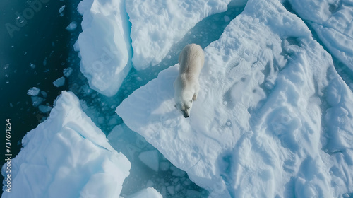 Overhead view of polar bear on melting ice, climate change impact, Arctic survival, wildlife conservation, nature photography photo