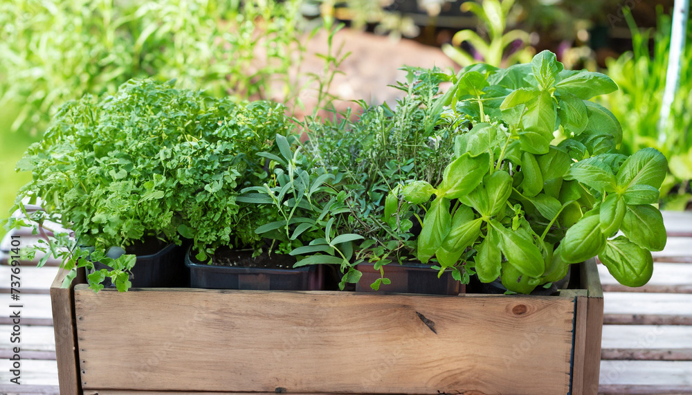Wooden crate with a variety of fresh green potted culinary herbs growing outdoors in a backyard garden Wooden crate with a variety of fresh green potted culinary herbs growing outdoors in a backyard garden