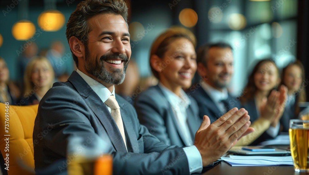 Businessman clapping for success in conference room Businessman clapping for success in conference room