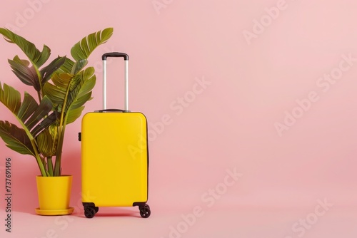 a yellow suitcase and a potted plant on a pink background