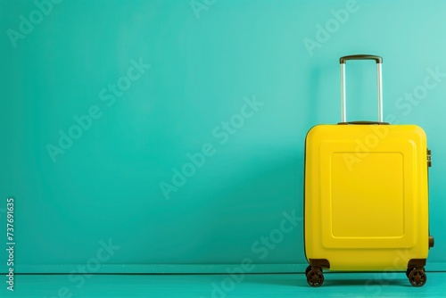 a yellow suitcase is sitting in front of a blue wall