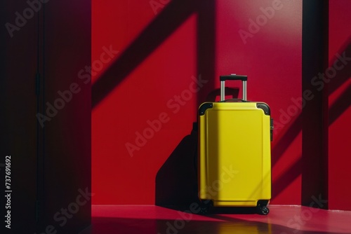 a yellow suitcase is sitting in front of a red wall