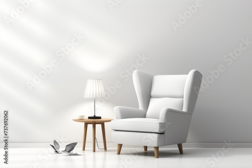 White Chair Next to Table With Lamp