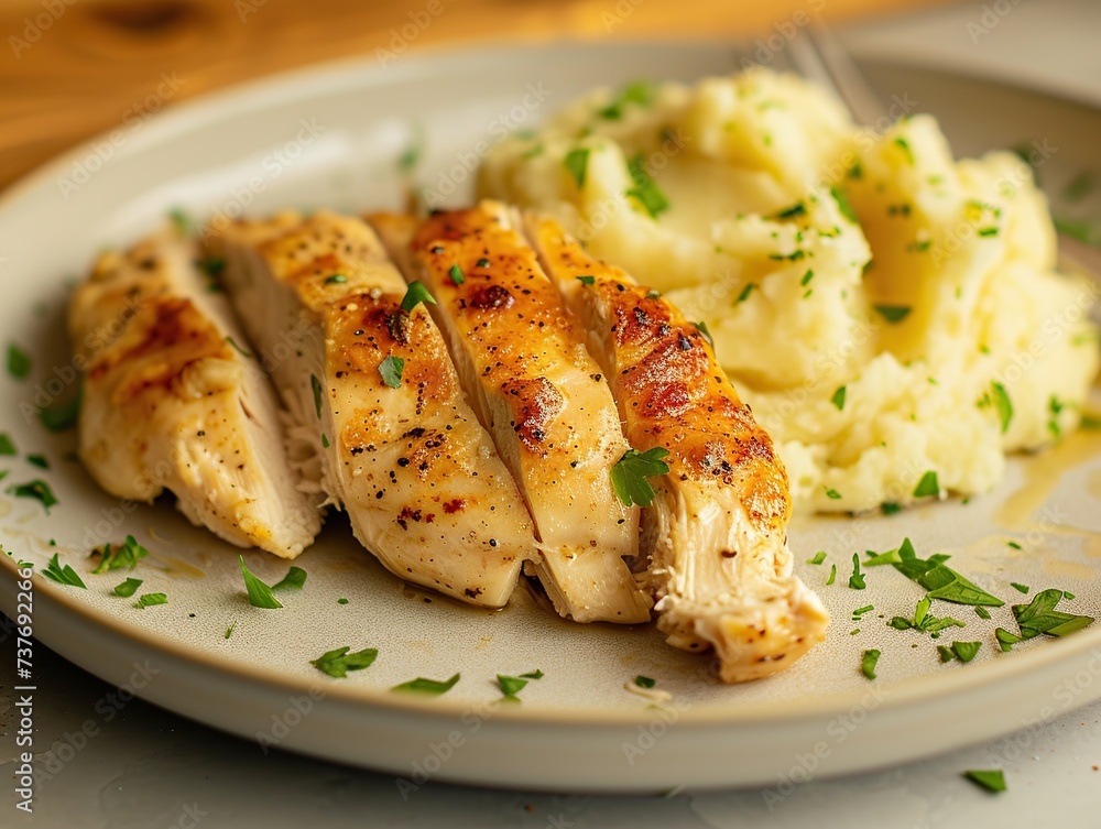 Grilled chicken fillet with mashed potatoes and parsley on plate Grilled chicken fillet with mashed potatoes and parsley on plate