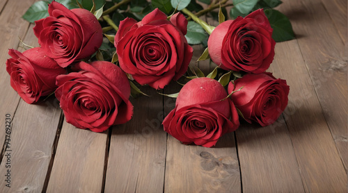 Background of roses on a wooden table seen from above. Rose flower background