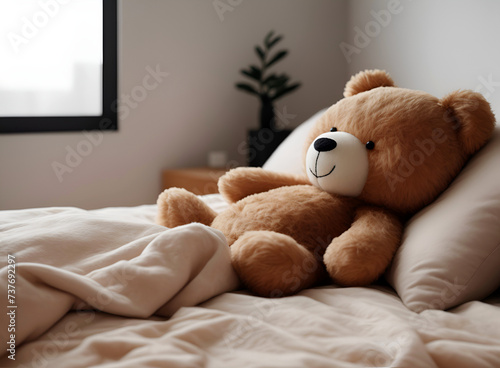 Teddy bear plushie lying on a bed in a minimalist modern bedroom