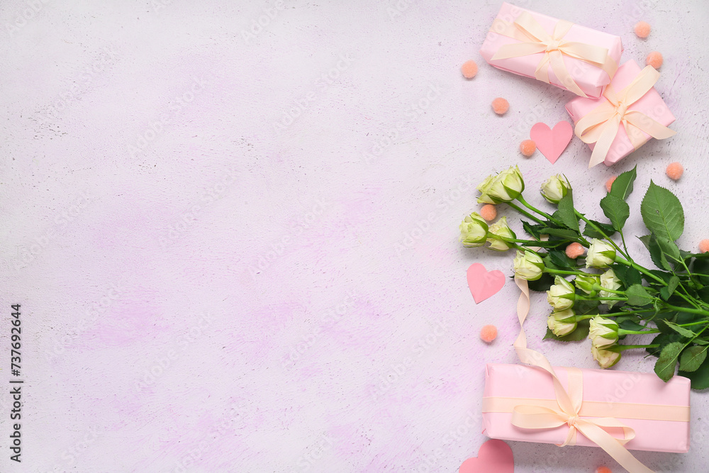 Composition with beautiful roses and presents on light background - obrazy, fototapety, plakaty 