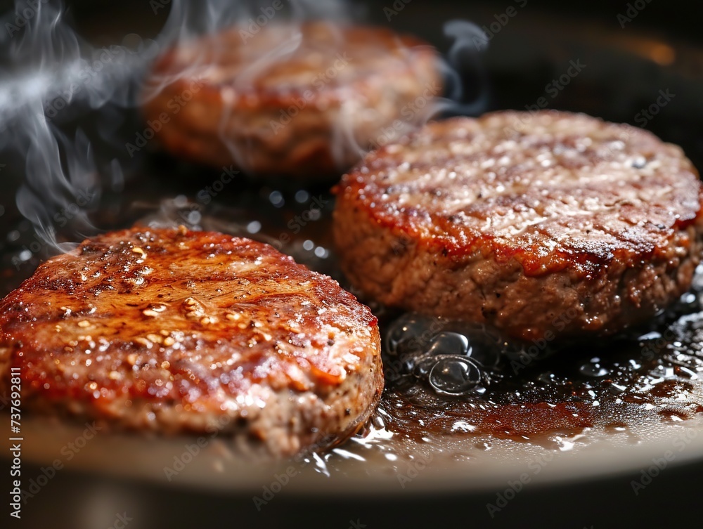 Grilled hamburger steak on a frying pan close-up. Grilled hamburger steak on a frying pan close-up.