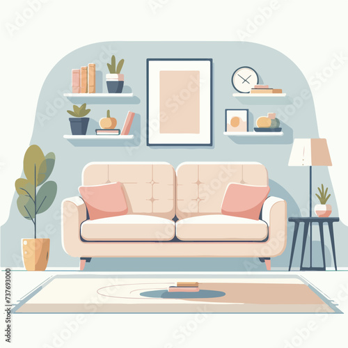 minimalist home interior decoration illustration with sofa, houseplants, photo frame, wall shelf illustration