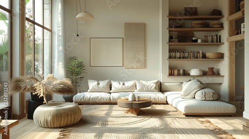 Serene Japandi living room minimalist Scandi decor boho accents in soft neutral tones cozy and stylish