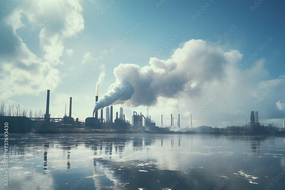 Industrial landscape with smoking chimneys on the background of blue sky.