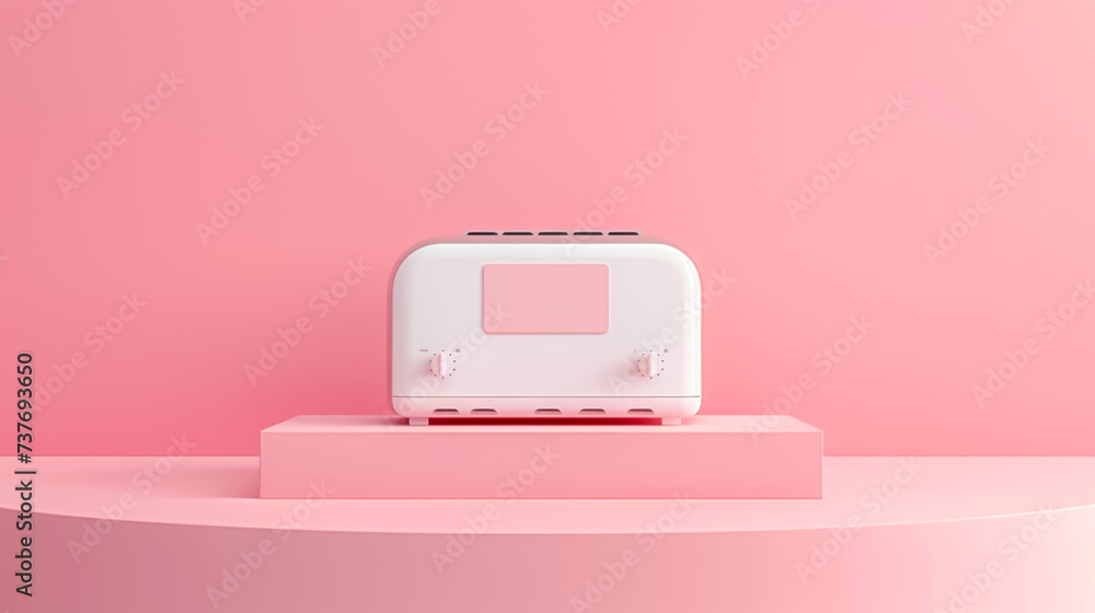 A blank labeled toaster mockup on a podium against a soft pink background. A blank labeled toaster mockup on a podium against a soft pink background.