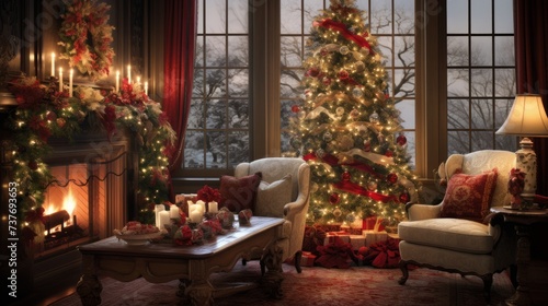 Stylish cozy home interior decorated for Christmas. Neural network AI generated art © mehaniq41