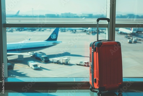 a red suitcase is sitting on a table in front of a window at an airport © cheese78