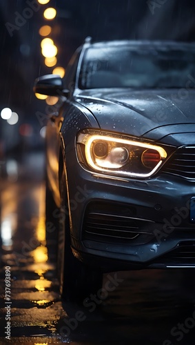 A close up front photo of a car with rain.