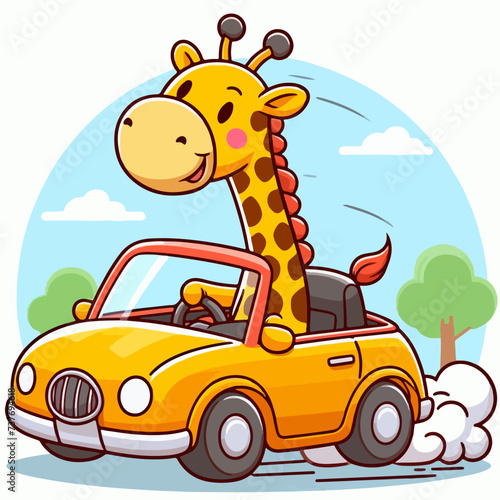 Cute giraffe driving a car. Cartoon character mascot for children book  sticker  doodle. Giraffe driving mascot template