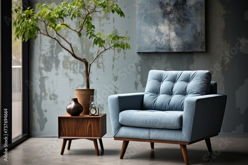 Blue Chair Next to Potted Plant