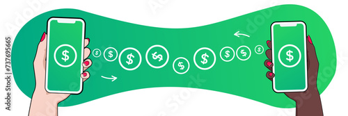 Money flow concept. Mobile payment success. Received and transferred with check mark on screen. Woman's hand transacting with smartphone, sending and receiving money with online banking payment app.