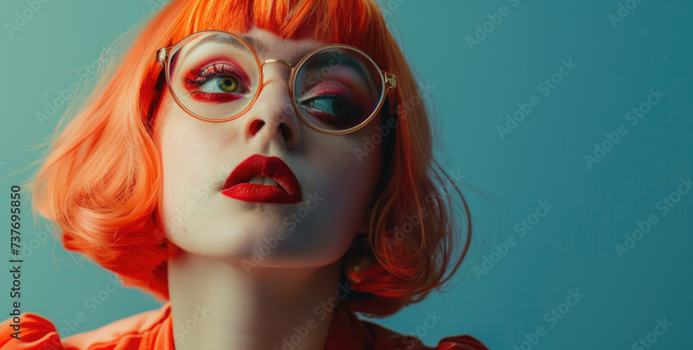 a girl with red hair with glasses